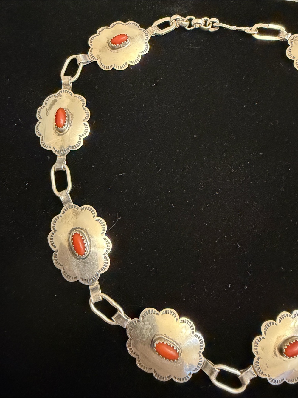 Rare Vintage Navajo Sterling Silver and Red Coral Concho Link Necklace - Picture 8 of 15